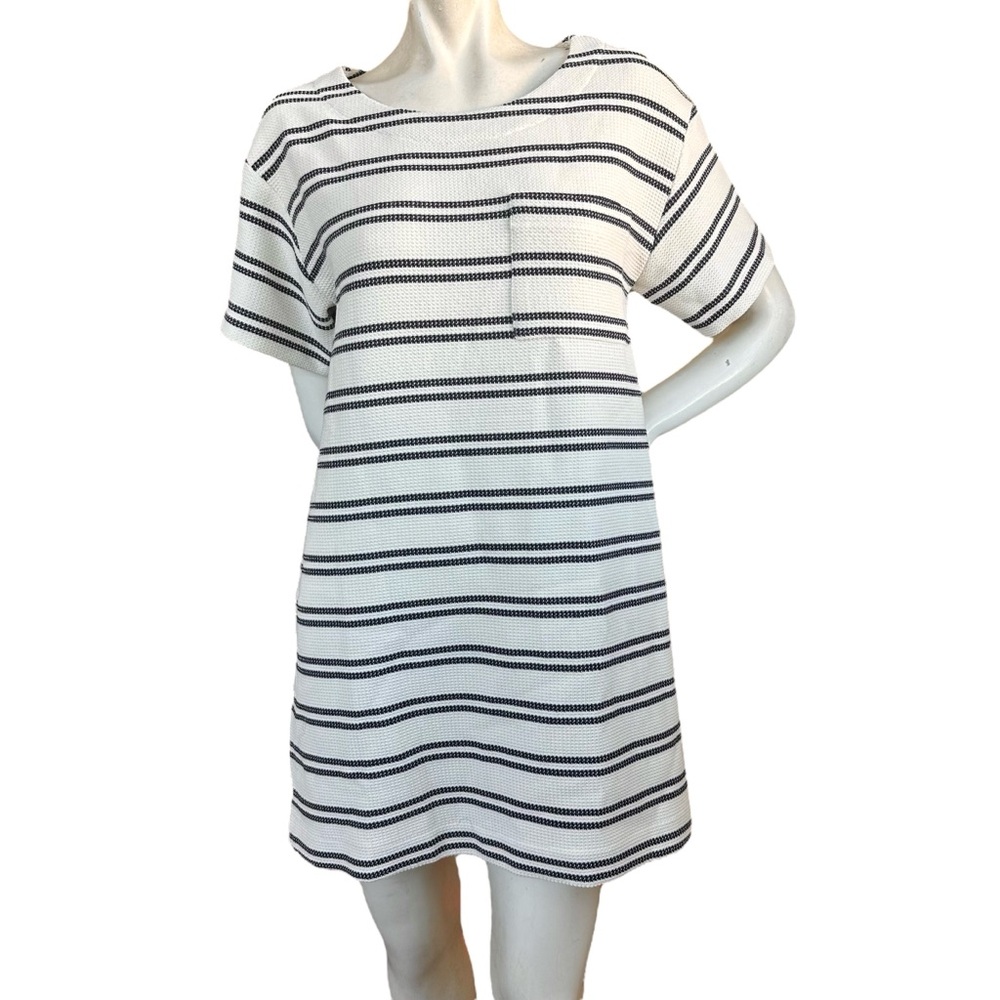 Hatch Maternity “Isa” Navy Blue & Ivory Striped Casual Tee Shirt Dress Small